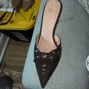 Time and Tru Dark Brown Pointed-Toe Slip-On Mule with Grommet Accents